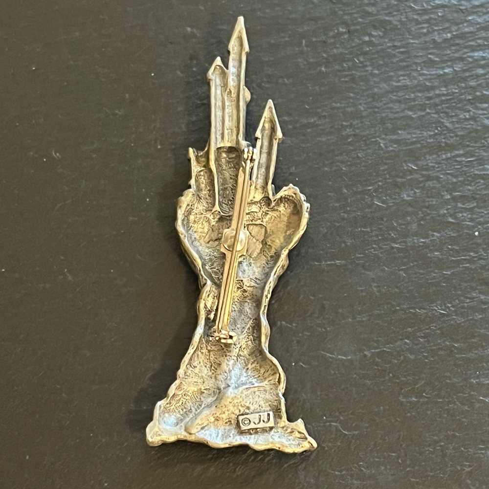 Vintage JJ Jonette Marked Jewelry Pewter Castle Glitter Accent Brooch - Picture 4 of 10